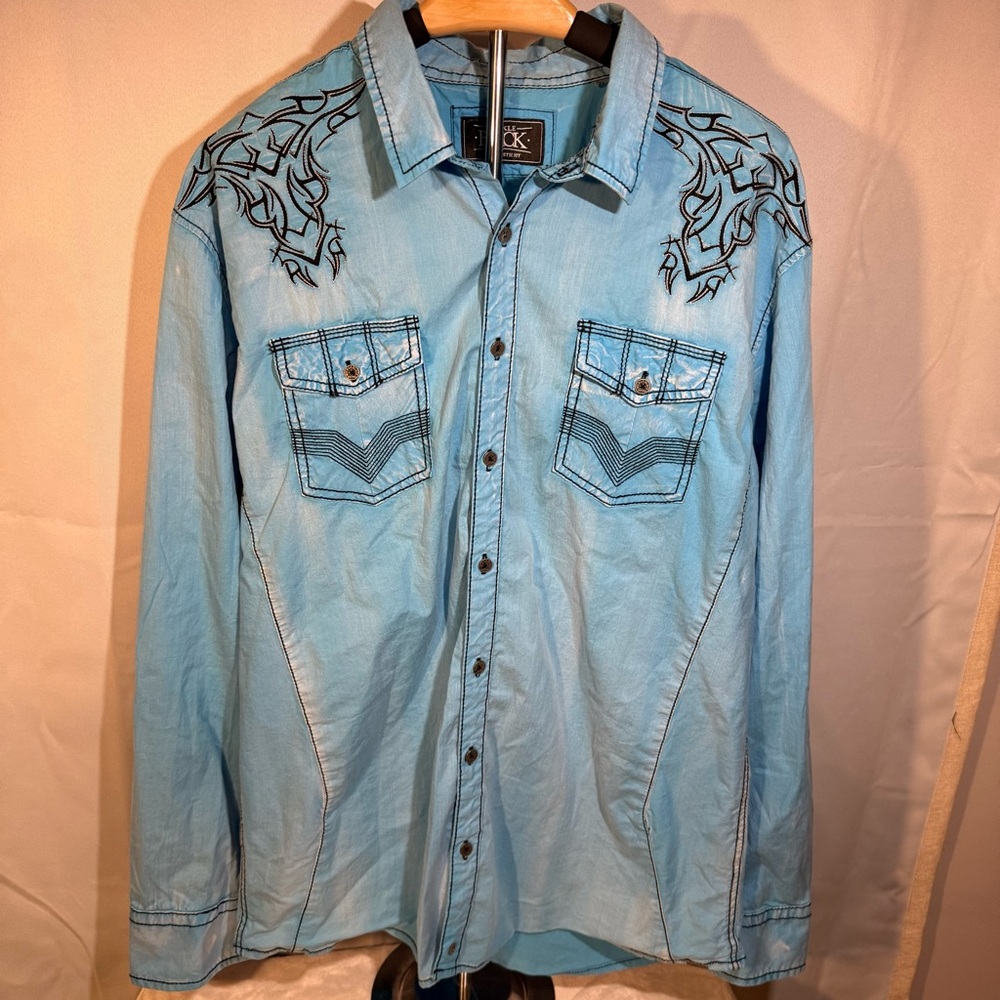 Buckle‎ Black Men's XL Athletic Fit Tribal Embroidered Snap Button Shirt Blue